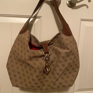 Dooney & Bourke Tan Lobster-Claw Monogram Canvas Slouch Shoulder Bag